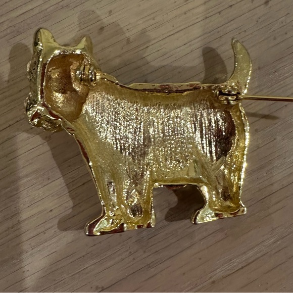Scottie Dog Vintage Gold Plated Pin Coloured Jewel Eyes & Plaid Blanket & Collar - Picture 3 of 5